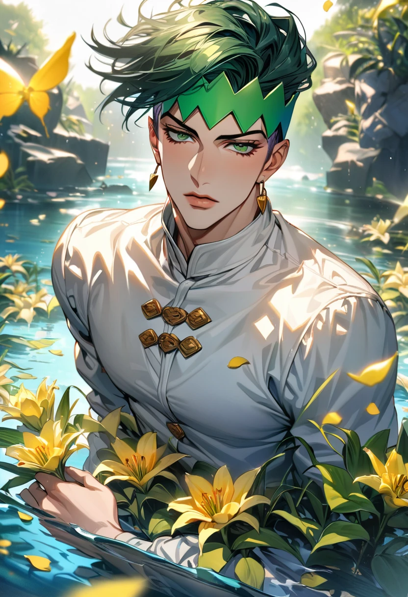 absurdres, highres, ultra detailed, HDR, master piece, best quality, Kishibe Rohan, dark green hair, expressive green eyes, jojo bizarre adventure, solo, sexy man, handsome, white clothes, water, yellow butterflies, yellow lilies, petals 