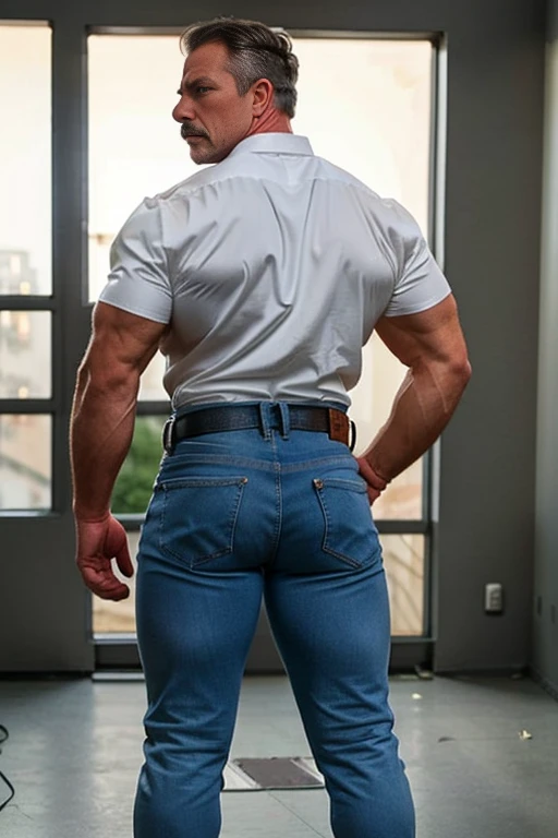 age 60, white man police detective with a mature, full body backside, kind demeanor, strong and muscular yet chubby build, mustache, wearing dress pants and a buttoned-open translucent shirt that reveals a hairy chest and a noticeable bulge, wearing detective badge on belt, giving off a hint of a horny yet disgusting aura. Gray Jeans backside bent over