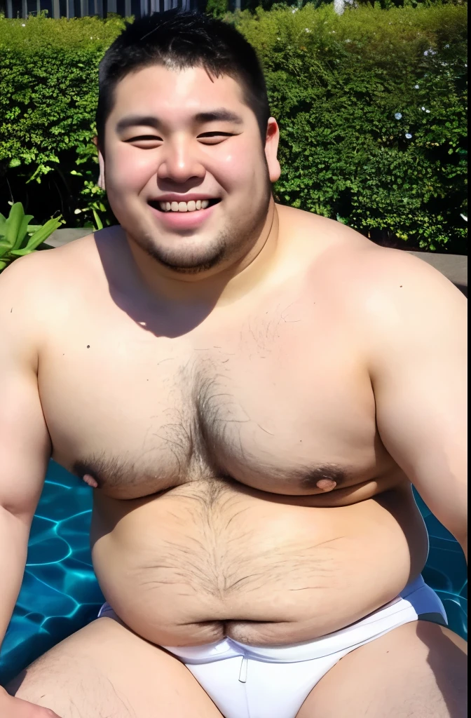 ((highest quality)), ((masterpiece)), (detailed), Perfect Face、Shaved head、Young Japanese、Muscular、Fat body、Big guy、smile、white small swimsuit、Emphasize the chest、Thick legs、Thick arms
