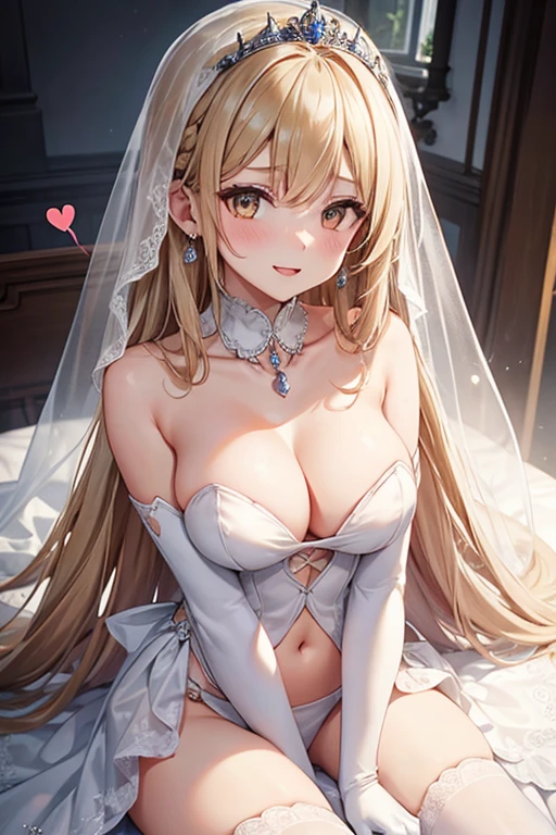 veil, breasts, dress, bridal_veil, wedding_dress, 1girl, rating:safe, long_hair, blonde_hair, large_breasts, bare_shoulders, blush, gloves, navel, cleavage, open_mouth, white_dress, solo, looking_at_viewer, bangs, strapless, sidelocks, jewelry, bride, alternate_costume, very_long_hair, navel_cutout, sitting, strapless_dress, white_gloves, detached_collar, collarbone, brown_eyes, see-through, eyebrows_visible_through_hair, tiara, smile, speech_bubble, braid, elbow_gloves, heart, yellow_eyes, necklace, earrings, parted_bangs