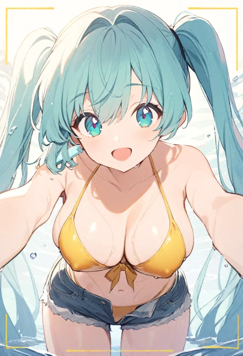 hatsune_miku commentary english_commentary highres 1girl :d bare_arms bare_shoulders bikini bikini_under_clothes blue_eyes blue_hair blue_shorts bow breasts collarbone cowboy_shot cutoffs day denim denim_shorts food front-tie_bikini_top front-tie_top gold_bikini hair_between_eyes hair_bow halterneck holding holding_food holding_popsicle index_finger_raised large_breasts leaning_forward light_blush long_hair looking_at_viewer navel open_fly open_mouth outdoors outstretched_arm popsicle short_shorts shorts smile solo standing stomach swimsuit twintails twitter_username very_long_hair viewfinder wading water wet yellow_bow covered_nipples