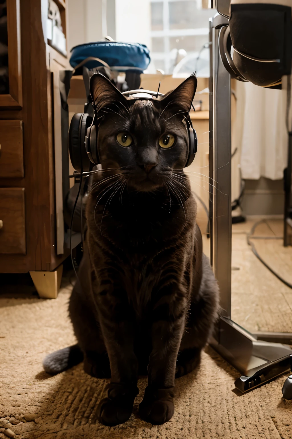 cat with big headphones