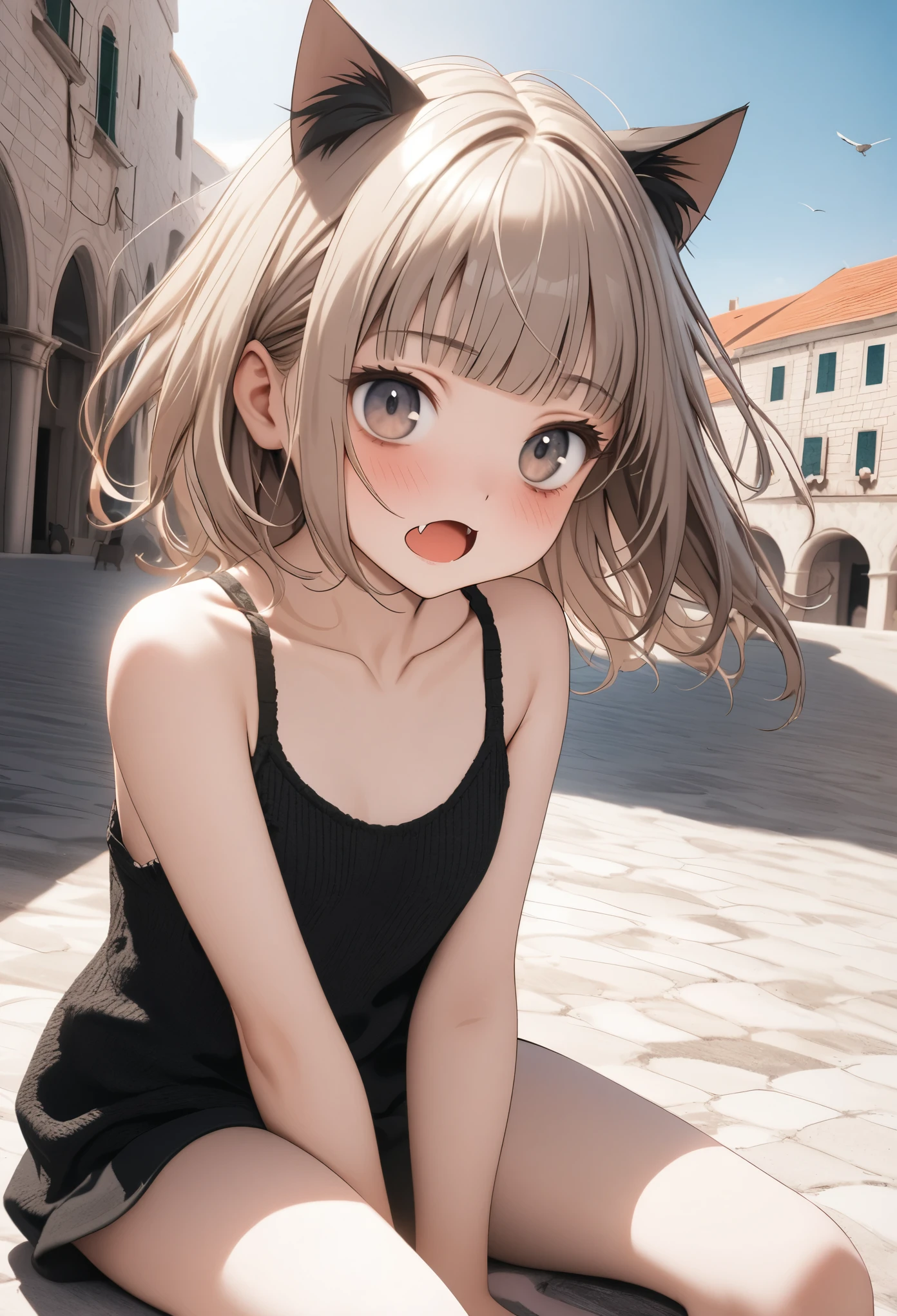 ((Masterpiece)), ((best quality)), (very aesthetic:1.2), (absurdres:1.3), (super detail:1.2), ((High Definition:1.3), (Professional Photography:1.4), ((12 years old)), 8K, Glossy skin, cinematic lighting, 1girl, (Knit fabric tanktop), (Cute innocent teenage girl), slendar body, small breast, glossy medium hair, (loose blunt bangs), ((bags under the eyes)), open mouth wide, fang out, (smug), beautiful collarbones, (slightly exposed shoulders), (put on cat ears), pale brown hair, Hair that flutters in the wind, BREAK, ((best quality)), (Sitting on Dubrovnik townscape in Croatia), summerday, (very aesthetic:1.2), (absurdres:1.3),