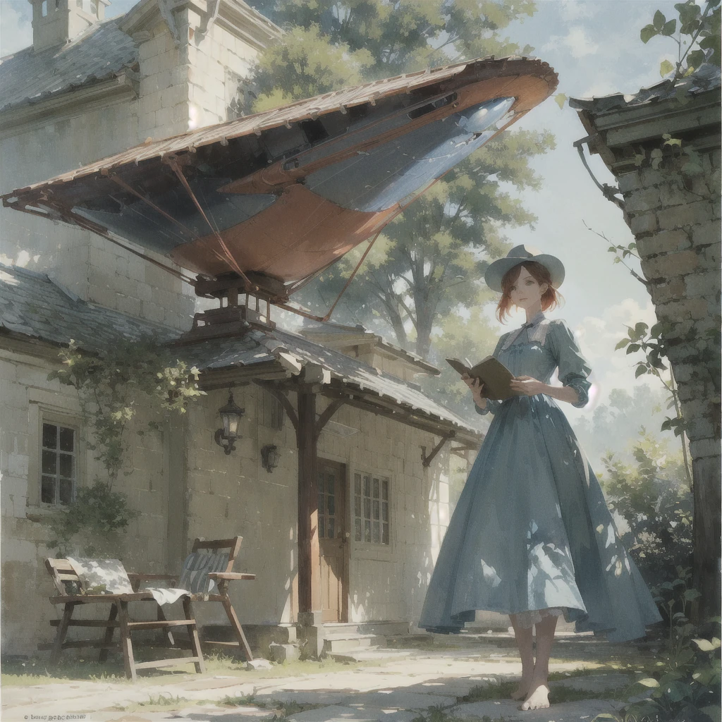 beautiful slender skinny girl (with a perfect, very beautiful face of the southern type) with red hair in a 19th century dress in a hat with a book standing barefoot (near fantastic futuristic ((spaceship))), summer, A warm sunny day, (on another planet), in a gentle watercolor style, Discreet shades, sfumato, haze, diffused dim light, (delicate mint and blue shades), imitation of film photography, olive and grape shades, Brick Road, Brick house, coffee, High image quality, Maximum detail, big space eyes