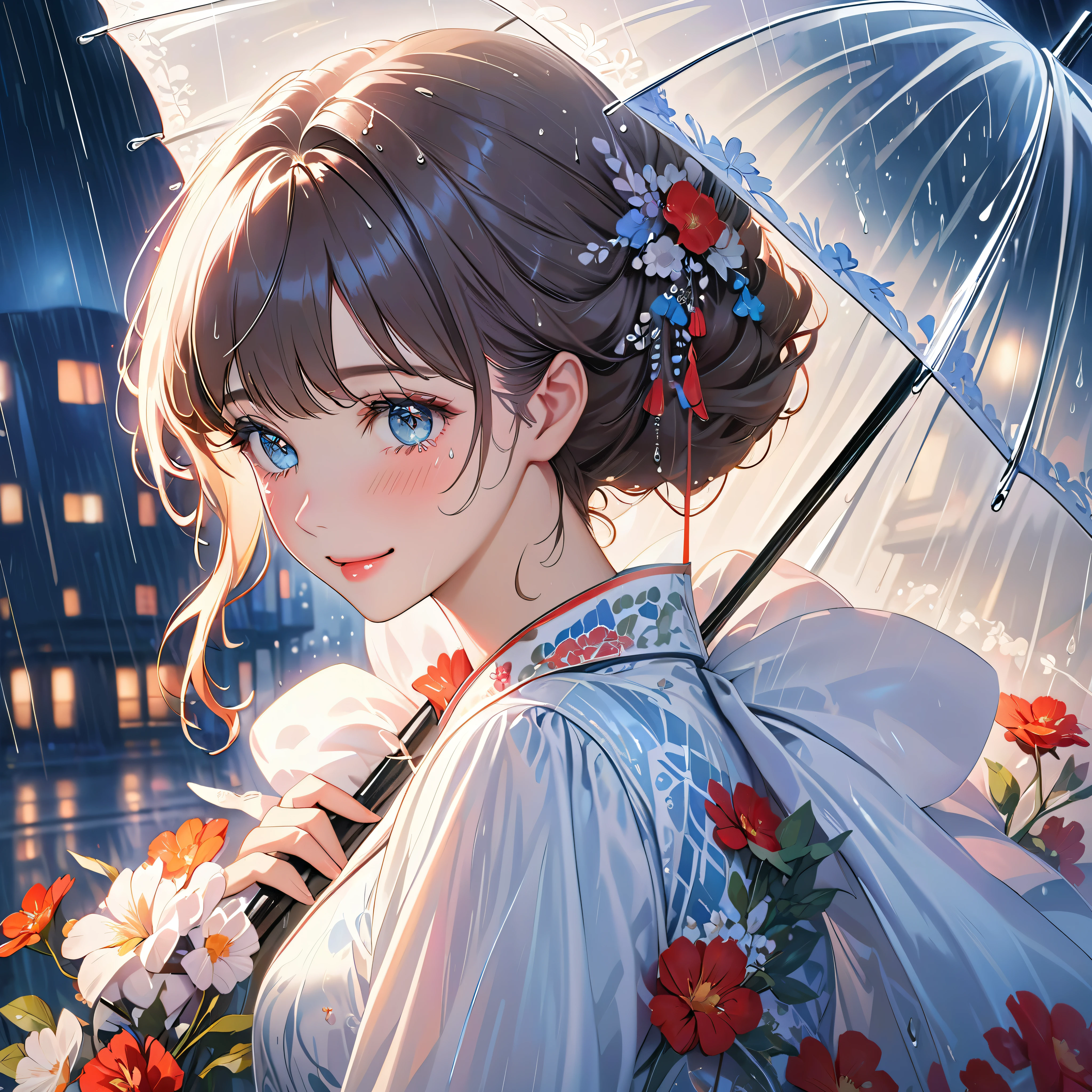 best quality, highres, ultra-detailed, realistic:1.37, vibrant colors, portrait, soft lighting, long eyelashes, sparkling eyes, glossy lips, detailed skin, retro pattern, pastel colors, ((smile while crying1.2)), ((shedding tears:1.8)),, sad look, dreamy atmosphere, elegant pose, nostalgic vibes, glittering highlights, flawless complexion, 80s style fashion, retro hairdo, pink blush, delicate features, diamond-like eyes,((rain squall:2.8)),((high rise residential building Dark city silhouette background:2.0))