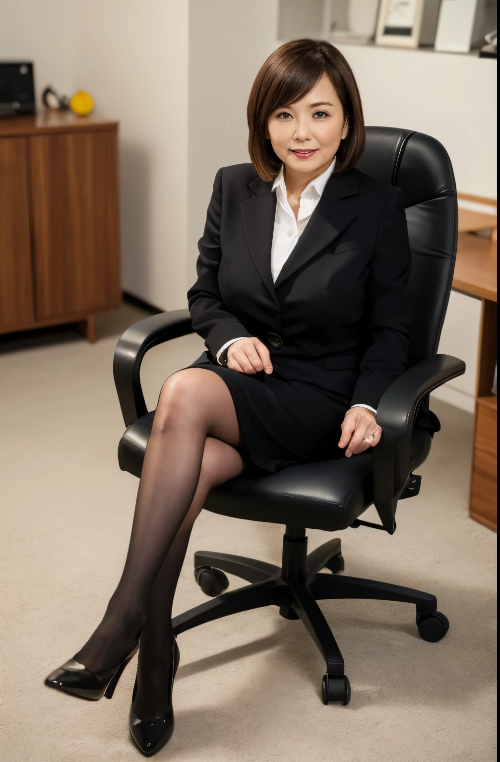 ((masterpiece, Better Quality, hight resolution, Photorealsitic:1.4, Raw photography, high quality image)), ((portrait:1)), 1Milf sitting on office chair, wearing business suit, black stocking, curvy shape:0.5, very detailed and professional lighting, (cute facial expressions),