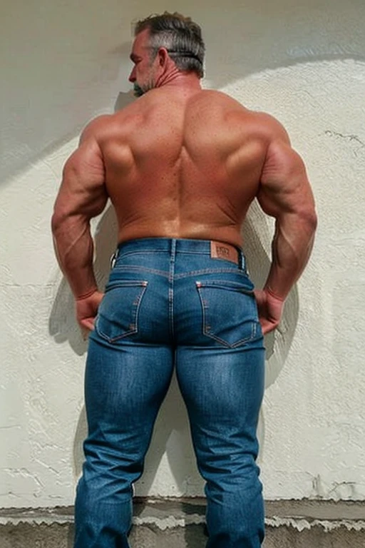 age 60, white man police detective with a mature, full body backside, kind demeanor, strong and muscular yet chubby build, mustache, wearing dress pants , giving off a hint of a horny yet disgusting aura. Gray Jeans backside bent over
