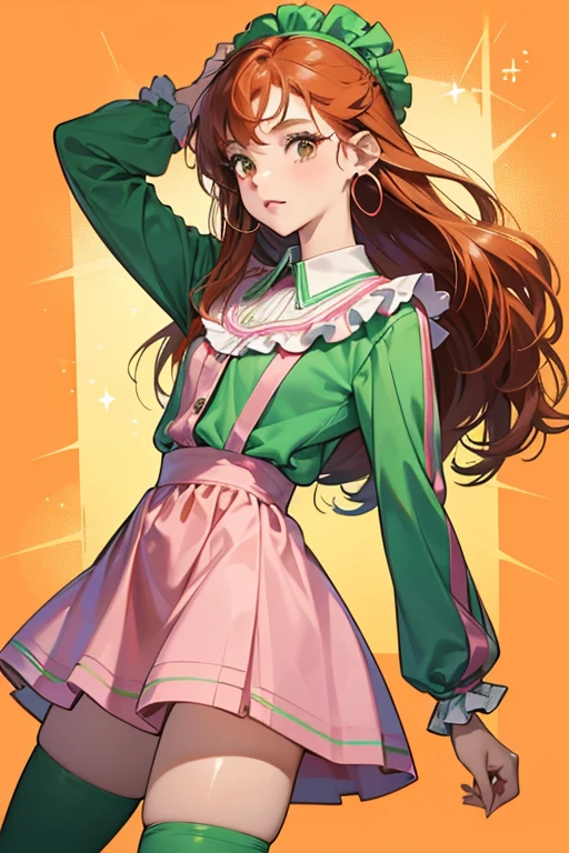 Julia has a medium skin complexion, brown eyes and carrot-red hair that is very frizzy. She has pink, rectangular shades on her head, small green hoop earrings and watch. She wears a green long-sleeved ruffle top with a wide collar, green slacks and flats. SPARKLE; GLITTER.