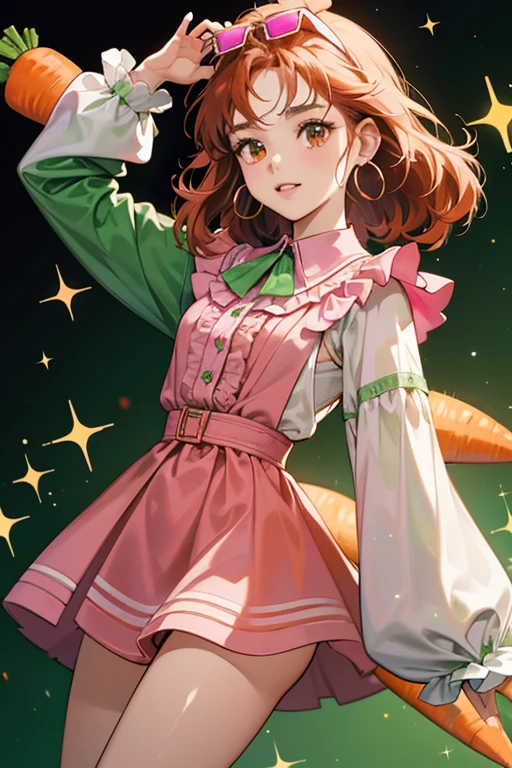 Julia has a medium skin complexion, brown eyes and carrot-red hair that is very frizzy. She has pink, rectangular shades on her head, small green hoop earrings and watch. She wears a green long-sleeved ruffle top with a wide collar, green slacks and flats. SPARKLE; GLITTER.