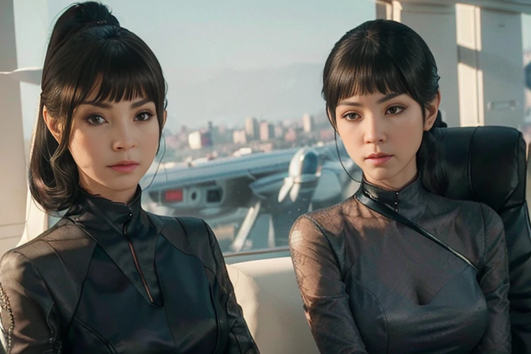 ((Top Quality、16K、​masterpiece:1.3))、a tall and beautiful woman、Perfect Figure:1.4、(retro futuristic aesthetic) Slim Abs、vulcan girl (from star trek) solo, Brown short hair、60s hairstyle (with hair bangs)、long pointed ears, small eyebrows, No postural movement、Stand up straight、Huge bust、Highly detailed facial and skin texture、(A detailed eye, Symmetry Eyes, Clear realistic eyes, Double eyelidd、Cold-stricken face、Symmetrical face), very tanned brown skin (illuminated, realistic shading sound), goth makeup, Royal sisters full of fans、The Telegraph Esbian、peach buttocks、(black futuristic Dress, Very Tight Knit), cleavage,  squart、(Raw foto:1.2)、((Photorealcitic:1.4))Top Quality、​masterpiece、Real Photography、very delicate and beautiful.、super detailed CG、Unity、8K photo wallpaper、delicate detail、best qualtiy、Highly detailed CG unity 8k wallpaper、absurderes、Incredibly Absurd、huge file size、extremely highly detailed、Hight Resolution、ighly Details、Beautiful detail girl、extremely detailed eyes and face、beautiful delicate eyes、Facial light、cinematic lightings、(big hips, thick thighs, beautiful legs, black pantyhose) 1girll、see -through,Watch your audience, Plane Air, high ponytail、ulzzang-6500、The Telegraph Esbian, different poses at different angles,
