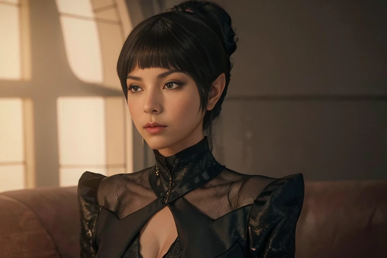 ((Top Quality、16K、​masterpiece:1.3))、a tall and beautiful woman、Perfect Figure:1.4、(retro futuristic aesthetic) Slim Abs、vulcan girl (from star trek) solo, Brown short hair、60s hairstyle (with hair bangs)、long pointed ears, small eyebrows, No postural movement、Stand up straight、Huge bust、Highly detailed facial and skin texture、(A detailed eye, Symmetry Eyes, Clear realistic eyes, Double eyelidd、Cold-stricken face、Symmetrical face), very tanned brown skin (illuminated, realistic shading sound), goth makeup, Royal sisters full of fans、The Telegraph Esbian、peach buttocks、(black futuristic Dress, Very Tight Knit), cleavage,  squart、(Raw foto:1.2)、((Photorealcitic:1.4))Top Quality、​masterpiece、Real Photography、very delicate and beautiful.、super detailed CG、Unity、8K photo wallpaper、delicate detail、best qualtiy、Highly detailed CG unity 8k wallpaper、absurderes、Incredibly Absurd、huge file size、extremely highly detailed、Hight Resolution、ighly Details、Beautiful detail girl、extremely detailed eyes and face、beautiful delicate eyes、Facial light、cinematic lightings、(big hips, thick thighs, beautiful legs, black pantyhose) 1girll、see -through,Watch your audience, Plane Air, high ponytail、ulzzang-6500、The Telegraph Esbian, different poses at different angles,