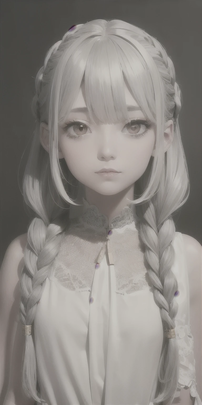 highest quality, masterpiece,Gray Hair, Golden Eyes,White clothes, look up, Upper Body,hair,Fair skin,Side braid