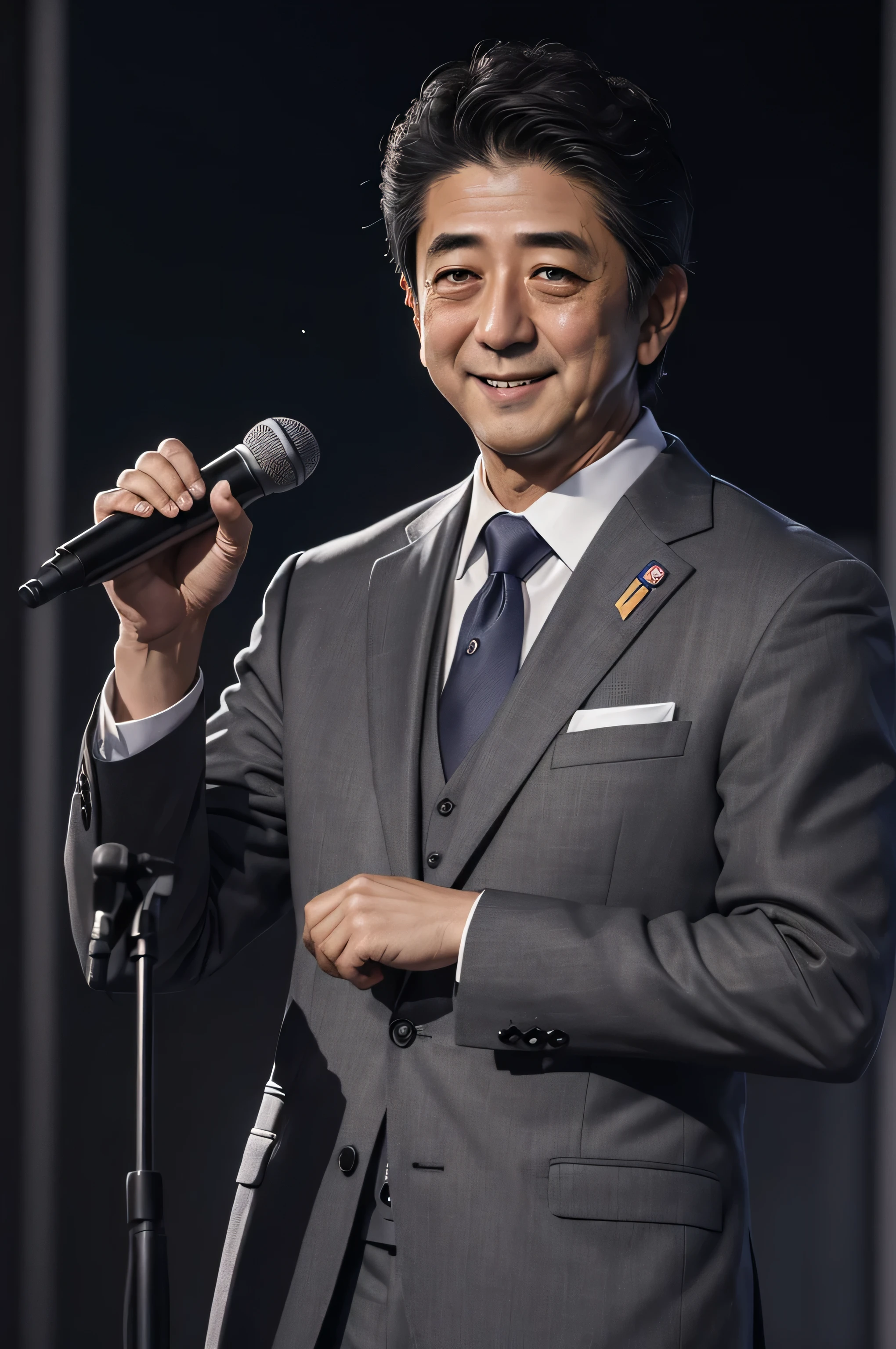(masterpiece、highest quality、Super detailed、8K quality)、 Shinzo Abe、Highly detailed face、smile、Open your mouth、(Wearing a suit、Dark gray)、(Holding a microphone in your hand)、(background、On the road、Daytime)、