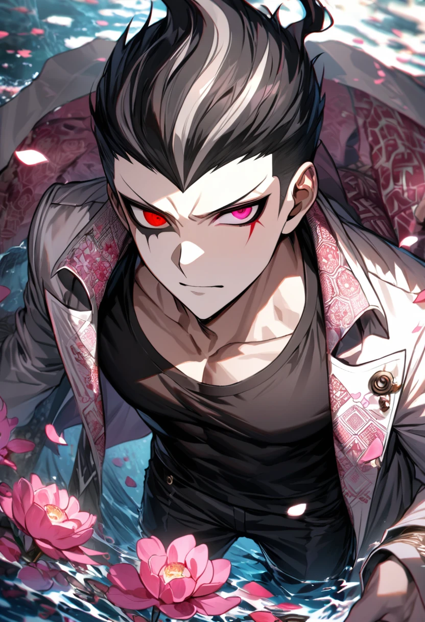 Ultra detailed, Highres, absurdres, HDR, Tanaka Gundham, black hair, heterochromia, expressive right red eye, expressive gray left eye, white long coat with patterns, Danganronpa, pink flowers, petals, handsome, sexy man, solo, very detailed eyes and face, water, black pants, pink butterflies, black tight t-shirt, master piece, toned chest,