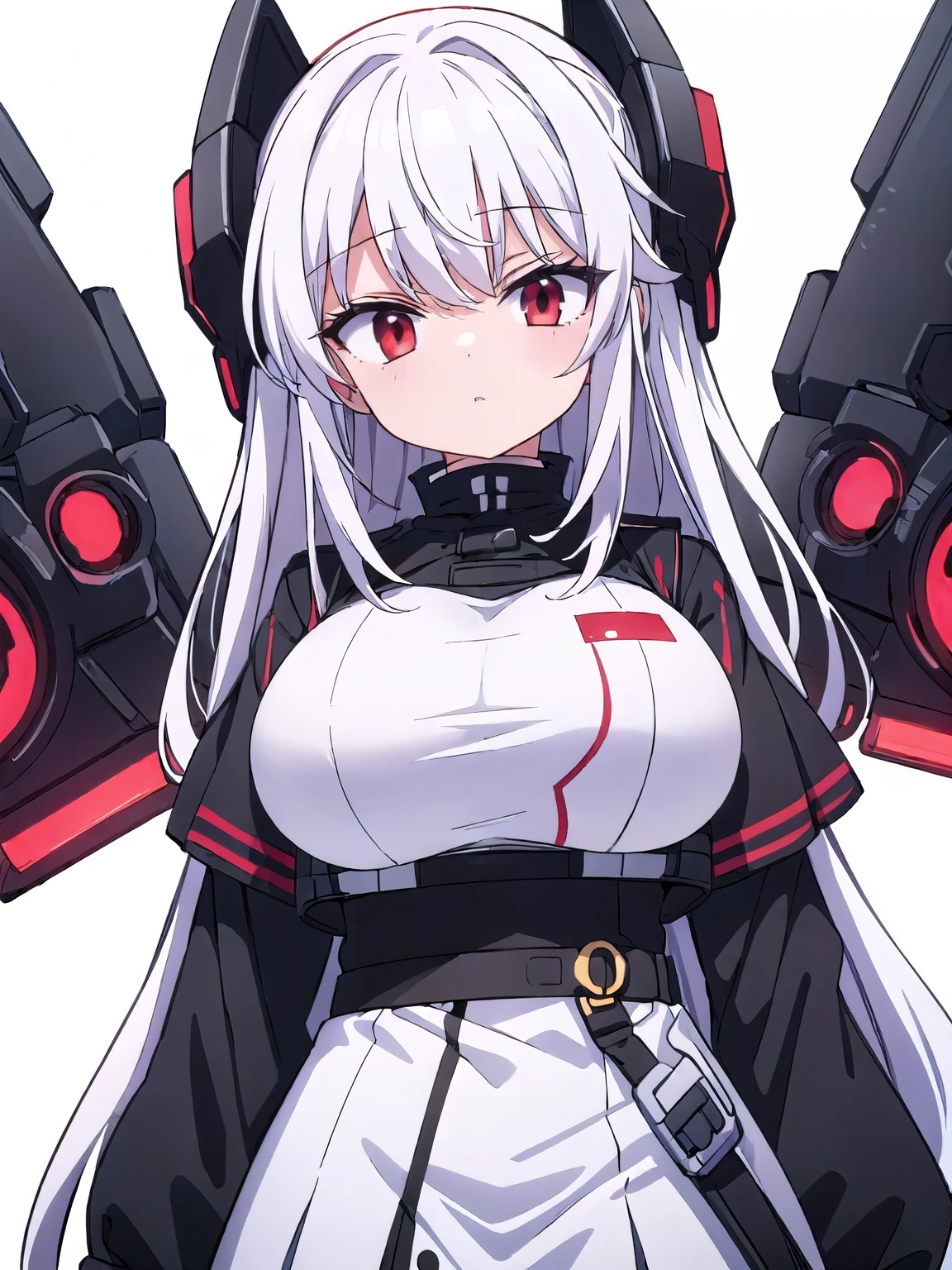 (girl red eyes white hair), (sci-fi:1.1), (huge jugs), (black color guard suit), (white background:1.5)