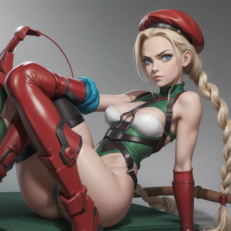 absurdres, highres, best quality, masterpiece, RocksEyebrowRaise, portrait, raised eyebrow, thick eyebrows, face closeup, abstract gradient background, cammy white, blue eyes, blonde hair, very long hair, twin braids, red headwear, green leotard, fingerless gloves, harness, thighs, red socks, black footwear, ahoge