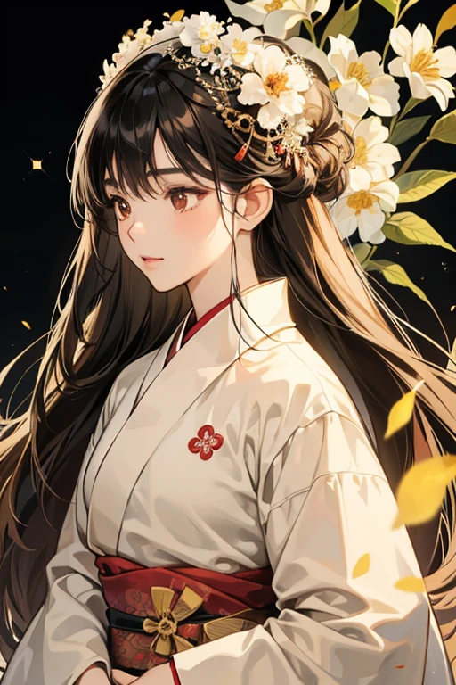 Keiko is of Japanese descent, she has a slight tan complexion, slanted light-brown eyes and and long black hair.
She wears a white flower hair piece on the left side of her head, a long beige flower kimono with prussian outlines. SPARKLE; GLITTER