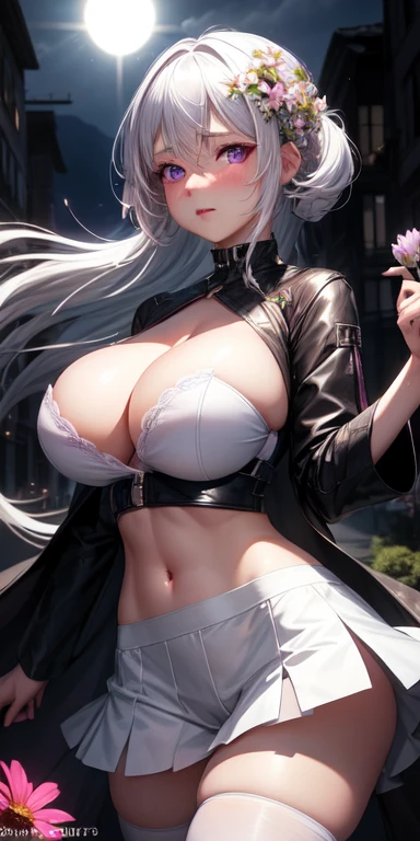 Practical, 1 Girl, white hair, Purple Eyes, Glowing eyes, crop top, Big Breasts(Cleavage)skirt, Open your mouth, blush, night, Flowers, sun, sunlight,