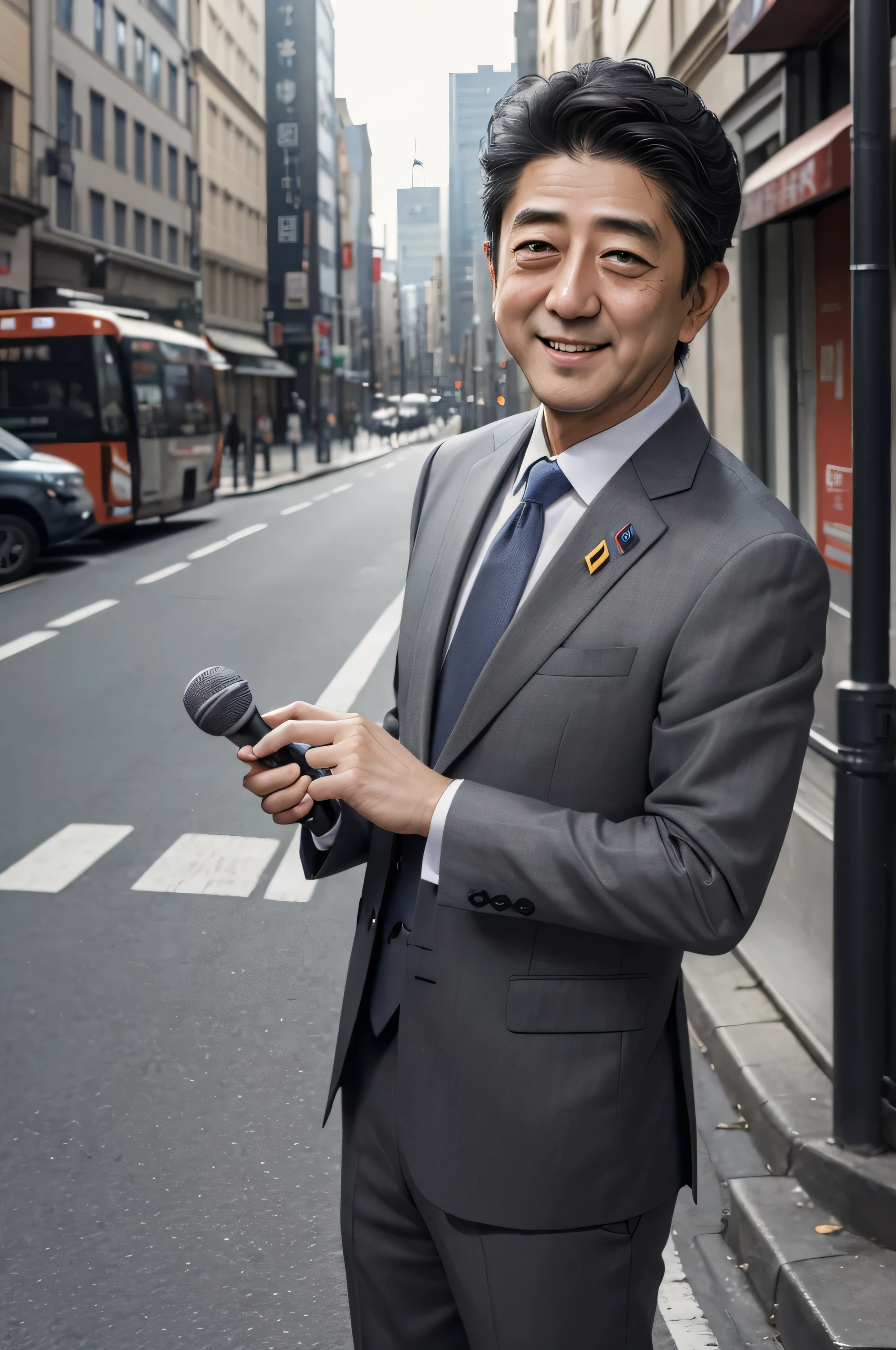 (masterpiece、highest quality、Super detailed、8K quality)、 Shinzo Abe、Highly detailed face、Open your mouth、Smiling face、(Wearing a suit、Dark gray)、(Holding a microphone in your hand)、(City Background、street、Daytime)、　