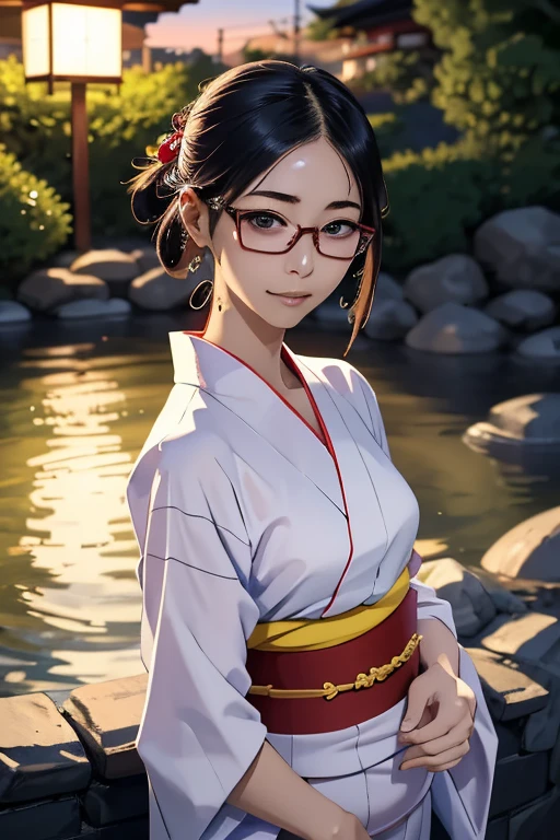 (masterpiece, highest quality), One Girl,  Satou, Satou, Glasses, yukata, Satou, Glasses, 赤いフレームのGlasses, Onsen town in Japan:1.5,Head to waist,yukata:1.6,hot spring,Dogo Onsen,Kusatsu Hot Springs,