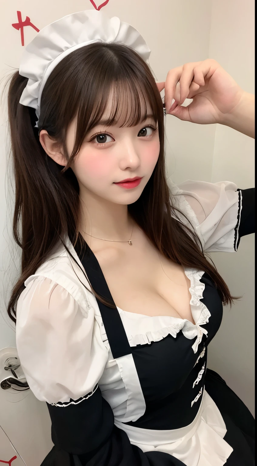 Japanese Beauty、Brown Hair、Black maid outfit with white frills、Knee-high socks with border pattern、、White apron、Purikura、Big Breasts、Push up the cleavage