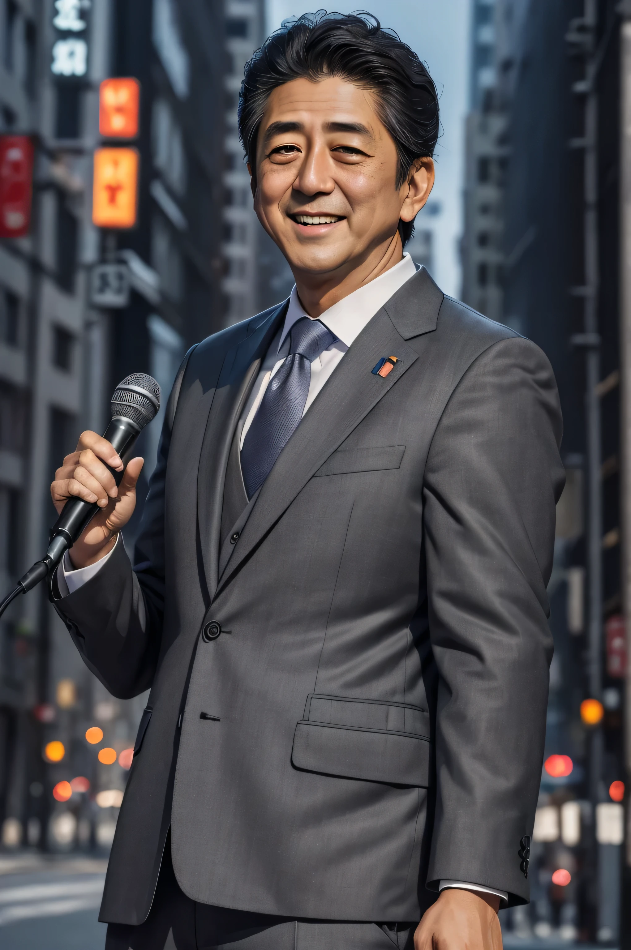 (masterpiece、highest quality、Super detailed、8K quality)、 Shinzo Abe、Highly detailed face、Open your mouth、Smiling face、(Wearing a suit、Dark gray)、(Holding a microphone in your hand)、(City Background、street、Daytime)、　