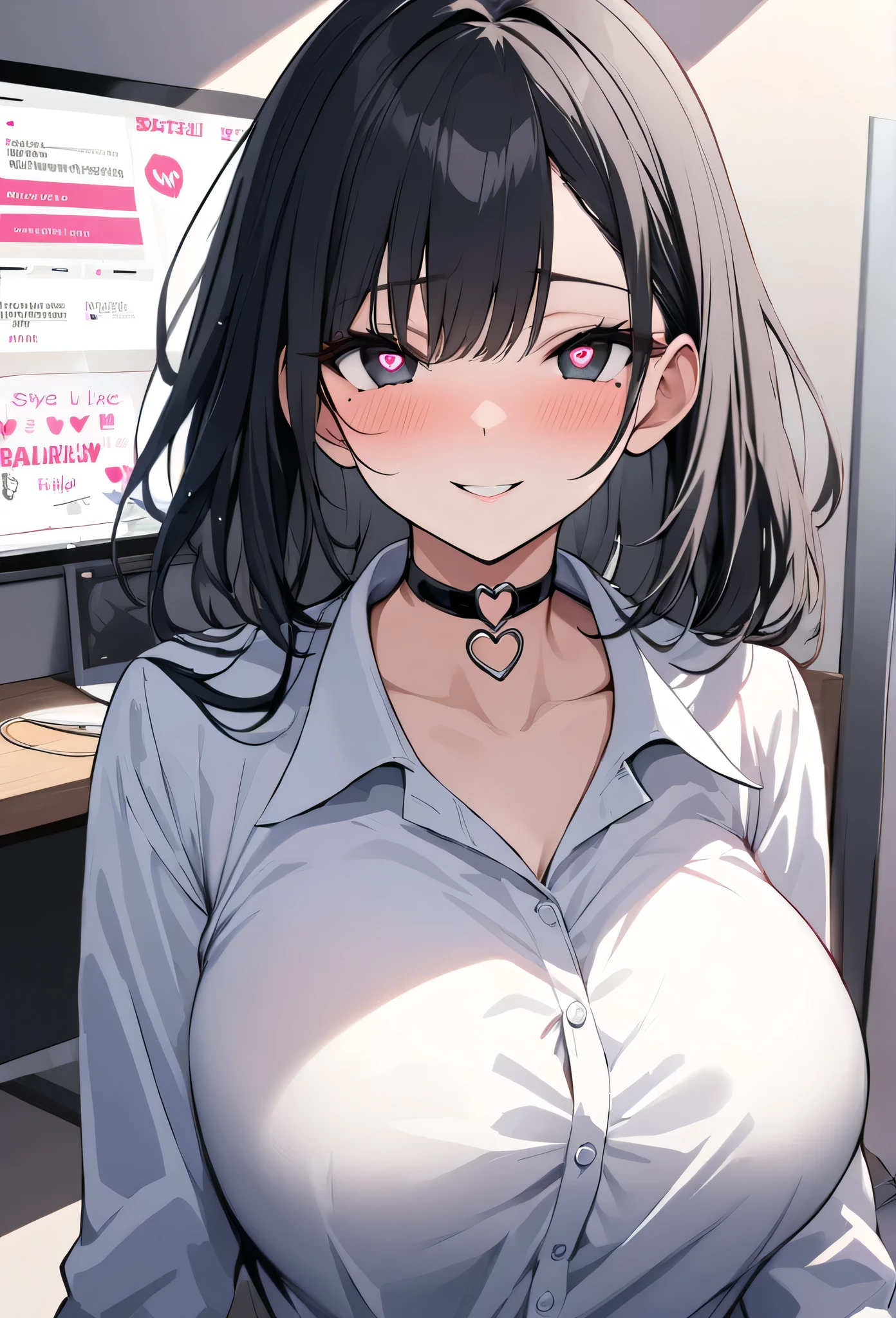 {lady with shoulder-length black hair named Rico}, business suits,tall,'', (It feels like saying Hello, daytime hours), indoor,{going out style}, ((Heart-shaped choker) ), (office room), Bright background, Mole under the eye, Heart-shaped choker, ((Masterpiece)), Highly detailed CG Unity 8k wallpaper), Top quality,, Detailed background, beautifully detailed eyes, heart shaped pupils,hollow eyes, looking at viewer,(very delicate and beautiful)), ((beautiful) eyes (detailed description),extra large breasts, browse,shirts,floating heart,brainwashed,sadistic smile