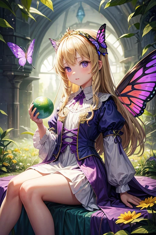 5 year old girl with butterfly wings sitting on a flower blonde hair medieval dress made of green leaves purple eyes holding a sphere of light