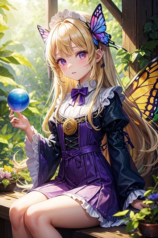 5 year old girl with butterfly wings sitting on a flower blonde hair medieval dress made of green leaves purple eyes holding a sphere of light