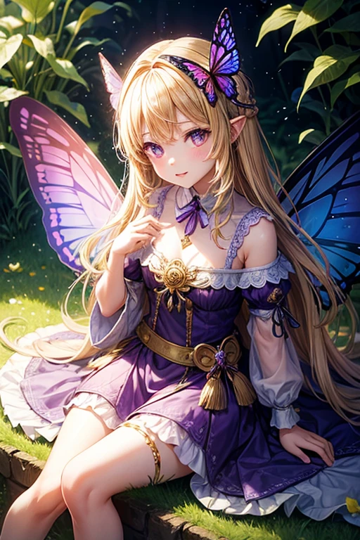 5 year old girl with butterfly wings sitting on a flower blonde hair medieval dress made of green leaves purple eyes holding a sphere of light