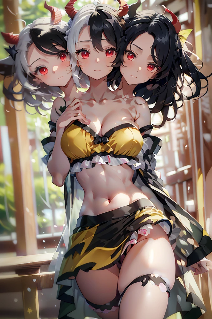 masterpiece, best quality),best quality, (ultra-detailed), (3heads:1.5), 1girl, (ushizaki urumi:1.3), masterpiece, best quality, white top, crop top, ((stomach)), midriff, ((groin)), yellow skirt, normal ears, shackles, black hair, very long hair, wavy hair, sidelocks, red eyes, parted lips, single horn, sweat, cute, toned belly, hand on own chest, eyelashes, (24 year old woman:1.3), (masterpiece:1.4), (best quality:1.4), (beautiful detailed extremely detailed CG, extremely delicate and beautiful, depth of field, (finely detailed face), (perfect details:1.1), (mature female:1.3), wide pelvis, slender, large veiny breast, 8k resolution, very high quality, very high definition, extremely detailed, masterpiece, black hair, long hair, alluring presence, braid, short skirt, close up, big tits, young, star hair ornament, yellow ribbon, side ponytail, cabbie hat, hair ornament, two-tone hair, split-color hair, japanese clothes, horns, cow girl, cow horns,