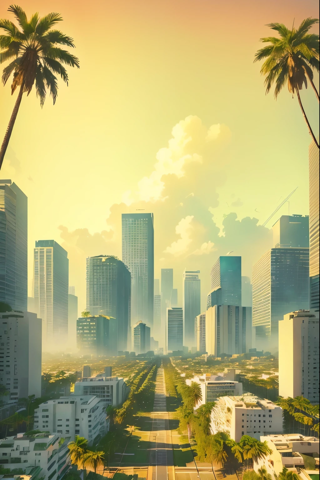 illustration of a city with tall buildings and palm trees in the foreground, outdoors tropical cityscape, the jungle at the background, background urban cityscape, outdoors ruined cityscape, overgrown city, forest setting with skyscrapers, city ruins background, city backdrop, empty buildings with vegetation, day cityscape, overgrown background, urban in background, background artwork, urban landscape, town background
