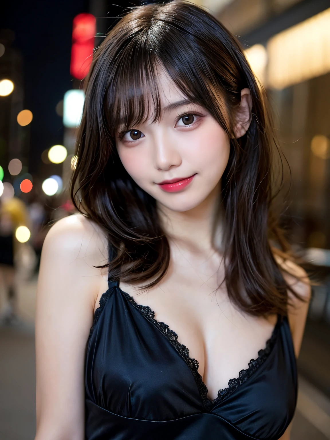 Tabletop, highest quality, shape, Very detailed, finely, High resolution, 8k wallpaper, 完璧なダイナミックな構shape, finelyて美しい目, Wearing a black dress,Medium Hair,Natural color lip, smile,Harajuku、 Girl、cute、Looking at the camera、C Cup、Brown Hair、Blurred night New York background