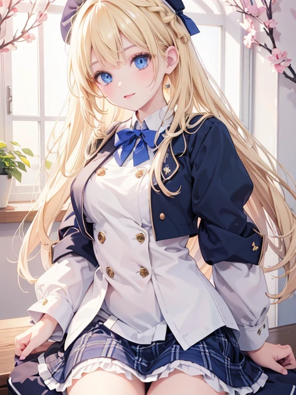 (8k, highest quality, Tabletop:1.2)、Ultra-high resolution、1 16-year-old female, Detailed face、deep, Beautiful Eyes, blue eyes, Long-sleeved school uniforms、Checkered skirt and navy skirt、Blonde, Braid, Panty shot , White panties