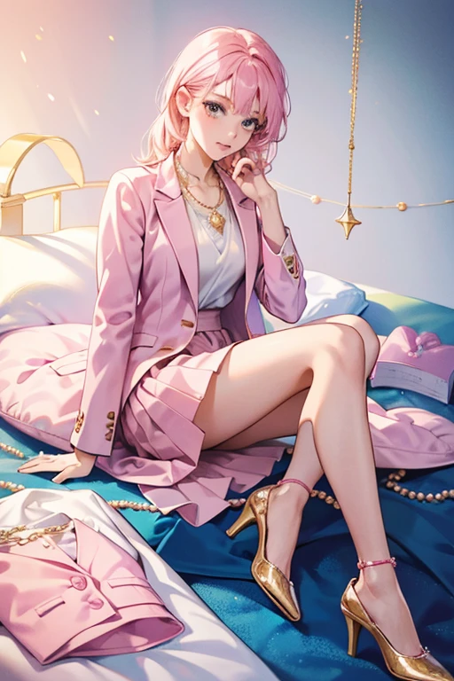 She wears a pink suit jacket with a gold pin(later revealed to be voice changer) and a pocket on her left chest over a white blouse and a light blue medium-lengh skirt with a pearl necklace pink heels. SPARKLE; GLITTER