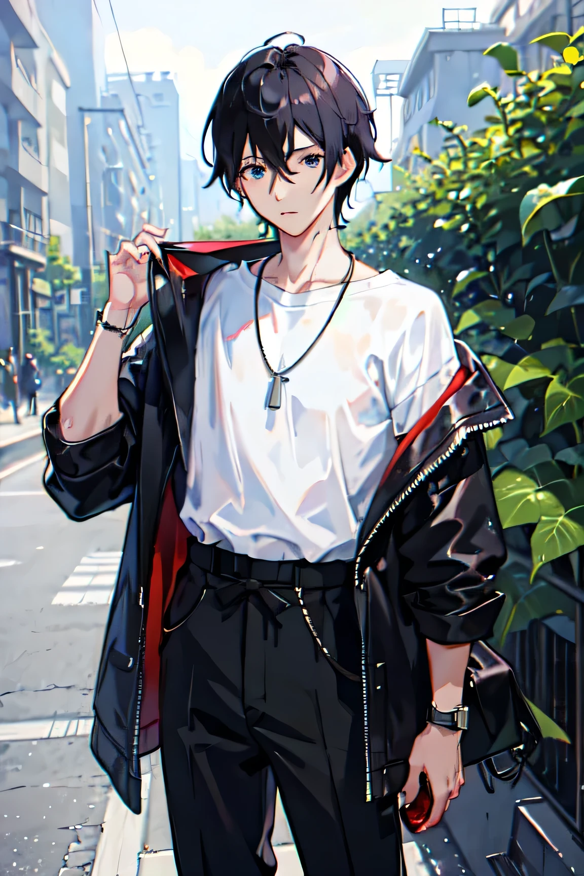 1boy, apple, bag, bangs, berry, black hair, black shirt, blue eyes, hair between eyes, jewelry, leaf, looking at viewer, male focus, necklace, pants, shirt, solo, watch, white pants, wristwatch, messy hair, trending on artstation, 8k resolution, highly detailed, anatomically correct, sharp image, digital painting, concept art, trending on pixiv, style of makoto shinkai,