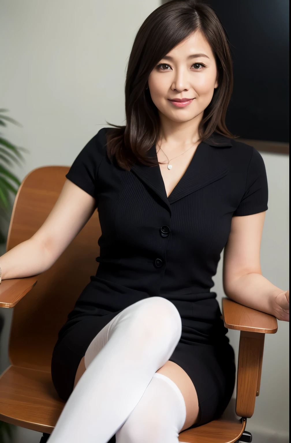 ​((masterpiece, Better Quality, hight resolution, Photorealsitic:1.4, Raw photography, high quality image)), ((portrait:1)), 1Milf sitting on office chair, wearing business suit, black stocking, curvy shape:0.5, very detailed and professional lighting, (cute facial expressions),