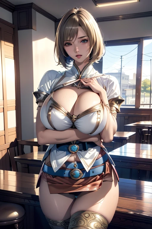 Cowboy Shot,(Golden Ratio,Tabletop, highest quality, highest quality, Official Art, beautifully、aesthetic:1.2), Very detailed, colorful,Best details,An illustration, Fantastic scene, (adult,19 years old,One Girl, alone, Final Fantasy 12,Asheria, short hair, short hair,Asheria Costume, huge , mini skirt,Knee socks, Thighs Thighs Thighs Thighs, gem, Blue Belt,One number on the belt),Course of action, Contemptuous look , Hands on hips、Large Breasts、Big Breasts、Beautiful breasts、Nipples are visible、