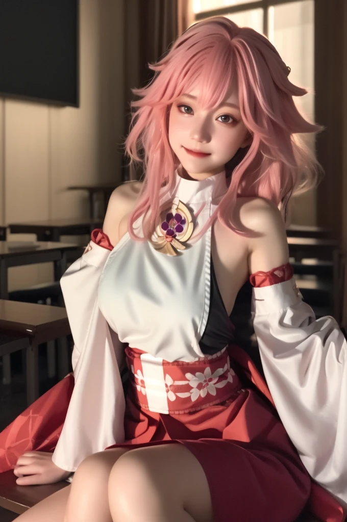 yae_miko, 1girl, bare_shoulders, breasts, detached_sleeves, jewelry, lips, long_hair, long_sleeves, looking_at_viewer, pink_hair, sash, sitting, solo, wide_sleeves,
Charming eyes, smile,
Sitting on the chair, sunlight, Autumn,
masterpiece, best quality,
RAW photo, 8k, 4k, (intricate details:1.0), (ultra detailed:1.0), (depth of field:1.0), (blurry background:1.0), (classroom:1.1), (spotlight effect:1.0), (light from the front:1.0), (fair skin:1.0), (super detailed skin:1.0), (clear translucent skin:1.0), (perfect body:1.0), (skinny,:1.0), (curvy body:1.0), (face:1.0), (sensual:1.0),
