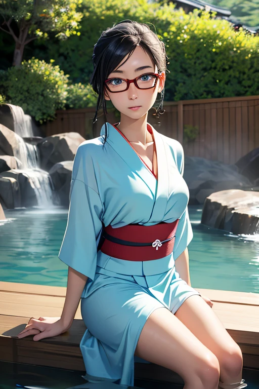(masterpiece, highest quality), One Girl, Satou, Satou, Glasses, yukata, Satou, Glasses, 赤いフレームのGlasses, Onsen town in Japan:1.5,Head to waist,yukata:1.6,hot spring,Dogo Onsen,Kusatsu Hot Springs,