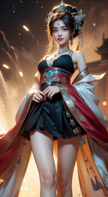 ((whole body)), ((From below)), ((gufeng,Bare shoulders)), ((The skirt is very short)),((leakage)), Clear face, Pretty Face, 8k, masterpiece, original photo, best quality, detail:1.2,lifelike, detail, Very detailed, CG, Unite, wallpaper, Depth of Field, Movie Light, lens flare, Ray Tracing, (Extremely beautiful face, Beautiful lips, beautiful eyes), complicated, detail的脸, ((ultra detailed skin)), 1 girl, in the darkness, Deep Shadow, Beautiful Korean girl, Hallyu idol,(Very slim figure:1.3), Full breasts,(Cleavage) Slender sexy legs, Elegant Posture, (A bright smile), (City night, (Neon), (night), Beautiful Korean girl, White Diamond Earrings, Bracelet diameter, Deya Necklace, Clear eyes, Facing forward, (big eyes)