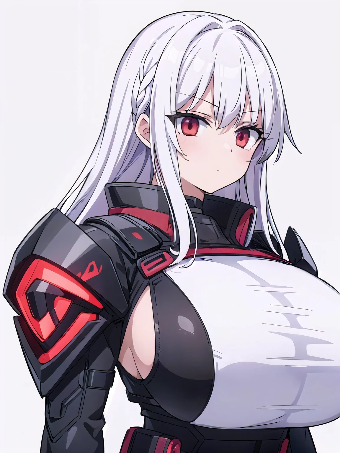 (girl red eyes white hair), (sci-fi:1.1), (huge jugs), (black color guard suit), (white background:1.5)