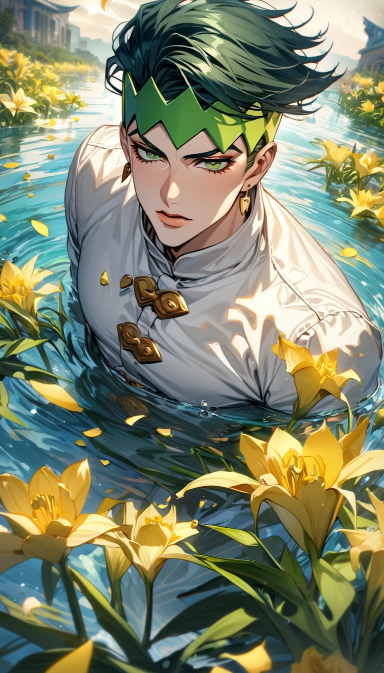 absurdres, highres, ultra detailed, HDR, master piece, best quality, Kishibe Rohan, dark green hair, expressive green eyes, jojo bizarre adventure, solo, sexy man, handsome, white clothes, water, yellow butterflies, yellow lilies, petals