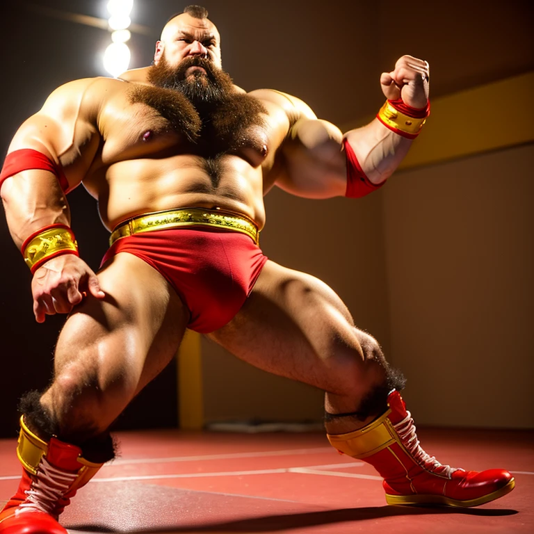 zangief,a man with a beard and a golden belt, fighting game character, street fighter 5,muscled humanoid,heavy looking,buff man,wrestler,Red short briefs,capcom,street fighter,shirtless,muscular male,chest hair,visually weighty,bearded man,mohawk hair,no wristband,Red Wrestling Boots,best quality