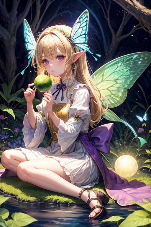 pixie 5  girl with butterfly wings sitting on a flower, blonde hair, medieval dress made of green leaves, purple eyes holding a sphere of light.