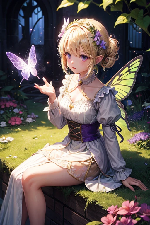 pixie 5  girl with butterfly wings sitting on a flower, blonde hair, medieval dress made of green leaves, purple eyes holding a sphere of light.