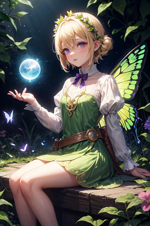 pixie 5 year old girl with butterfly wings sitting on a flower, blonde hair, medieval dress made of green leaves, purple eyes holding a sphere of light.