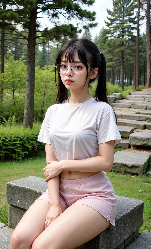 1girl, 18 years old busty woman, view from below, eye glasses, black twintail hair, bangs, light pink blush, sitting on a big rock, dark forest, white t-shirt, overhang t-shirt, cleavage, big , small waist, boxerbriefs, thicc_thighs
thighs, legs, perfect fingers,