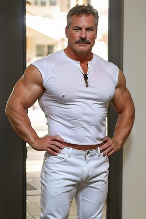 age 60, white man police detective with a mature, full body backside, kind demeanor, strong and muscular yet chubby build, mustache, wearing dress pants , giving off a hint of a horny yet disgusting aura. White Jeans 