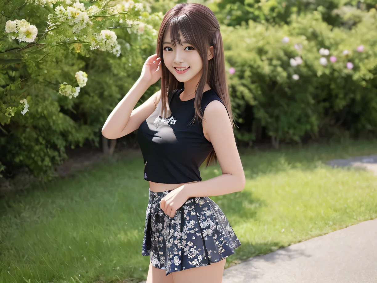 Product quality, One girl per photo, Cowboy Shot, Front view, Young and pretty girl in Japan, Long Bob Hair, Wearing a wedding ring, Standing on a hill in the suburbs with a big smile,Wearing a black T-shirt, ((mini skirt))、 The London skyline in the background, Super cute face, Glossy Lips, Double eyelids on both eyes,shiny smooth light brown hair of Long Bob Hair, Asymmetrical bangs, Sunburned skin, Center image, 8k resolution, Attention to detail, Detailed hairstyle, Detailed face, Cinema Lighting, Octane Rendering, Ultra-realistic, Perfect limbs, Perfect Anatomy、((8K))、((Floral clothes))、(Small Mouth)、((furubodｙ))、((smile))、((Large Breasts))、